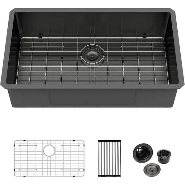 32 in. Gunmetal Black Undermount Sink Single Bowl 16 Gauge Stainless Steel Kitchen Sink with Bottom Grid