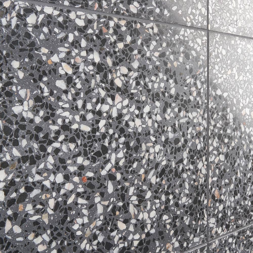 Raleigh 16.14" Polished Black and White Terrazzo Floor and Wall Tile