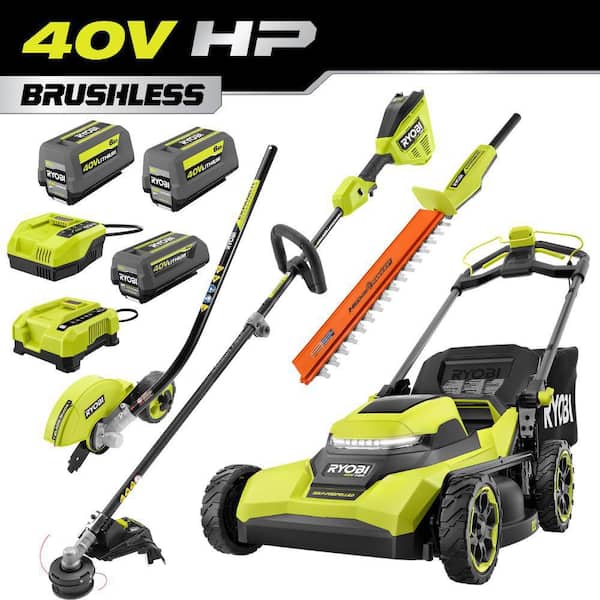 RYOBI 40V HP 21" Brushless Walk Behind Self-Propelled Mower, String Trimmer, Edger & Hedge Trimmer-(3) Batteries (2) Chargers
