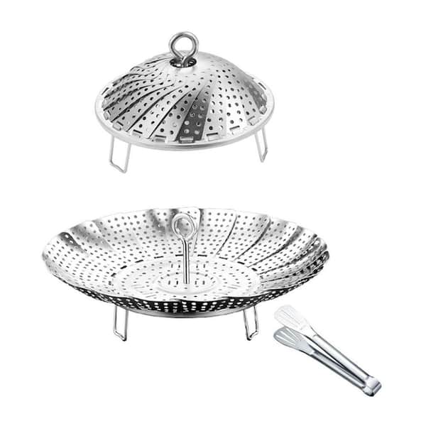 Expandable 304 Stainless Steel Silver Vegetable Steamer Basket with Kitchen Tong Healthy Cooking Multi-Purpose 1-Piece