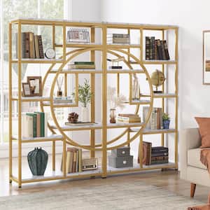 Eulas 68.89 in. Tall Gold Wood 9-Shelf Bookcase Bookshelf with Storage Shelves for Home Office, Living Room, Set of 2