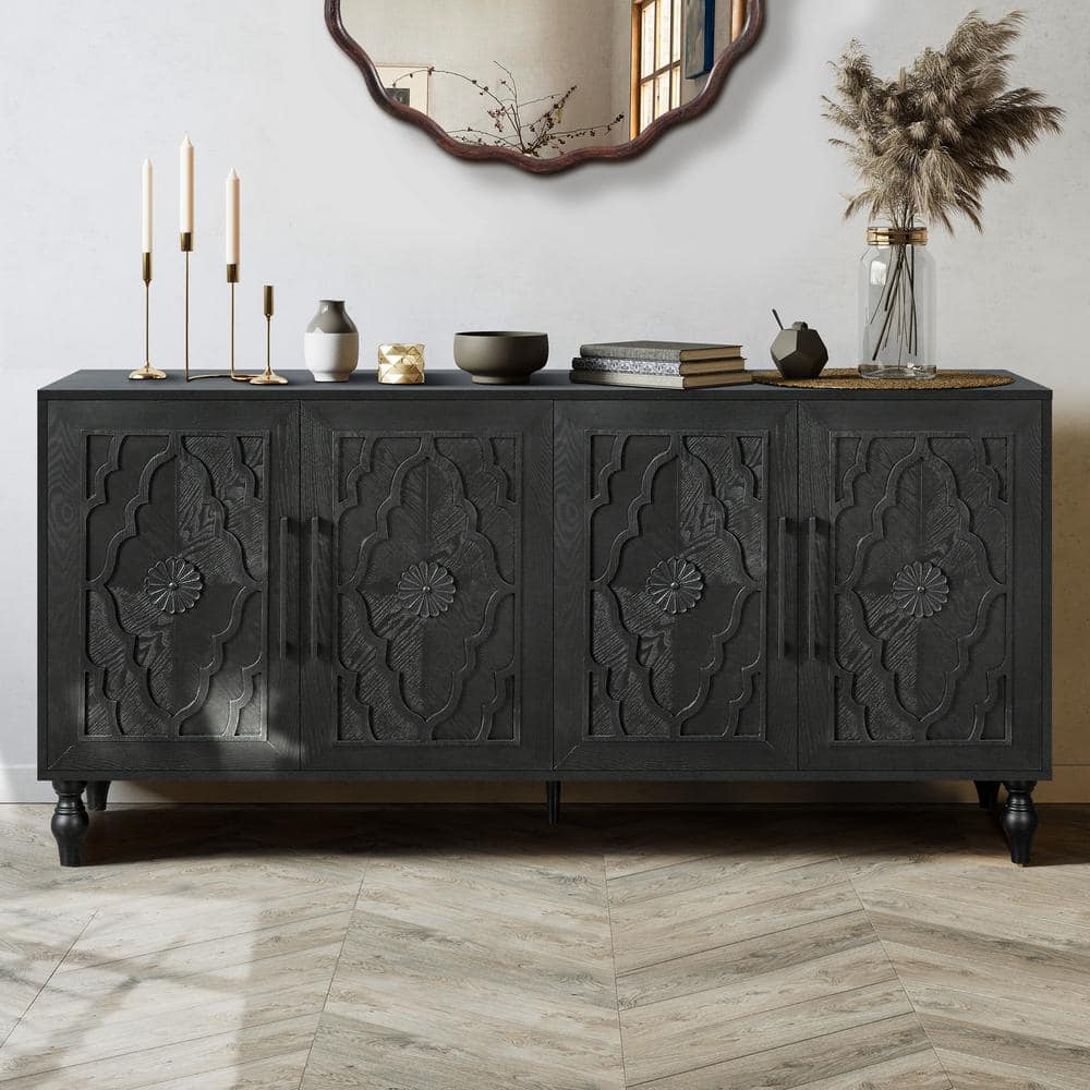 Black 63" MDF Sideboard with Carved Flower Doors and Metal Handles