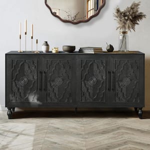 Black MDF 63 in. Sideboard with Adjustable Shelves, Carved Flower Doors