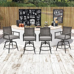 Patio Swivel Bar Metal Outdoor Bar Stools Counter Height Bar Chairs with PE Rattan Back with Gray Cushion (4-Pack)
