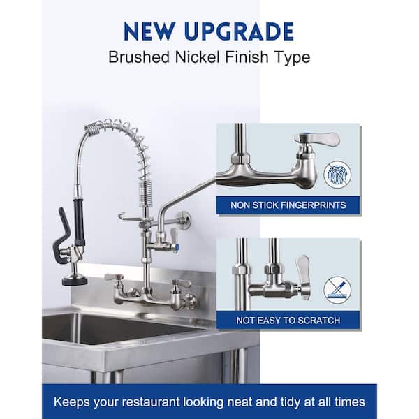 21" H Commercial Wall Mount Triple Handle Pull Down Sprayer Kitchen Faucet with Pre-Rinse Sprayer in Brushed Nickel