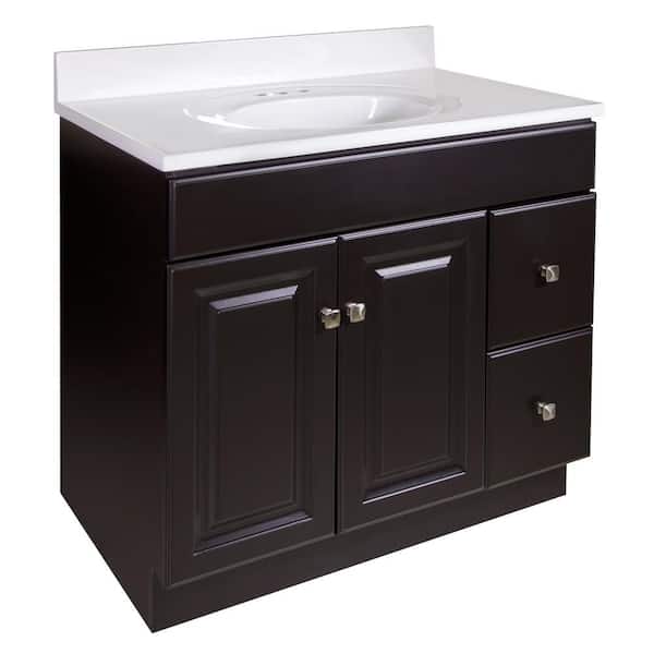 Design House Wyndham 37 in. x 22 in. 2-Door 2-Drawer Vanity w/Cultured Marble 4 in. Centerset Solid White Top, Unassembled, Espresso