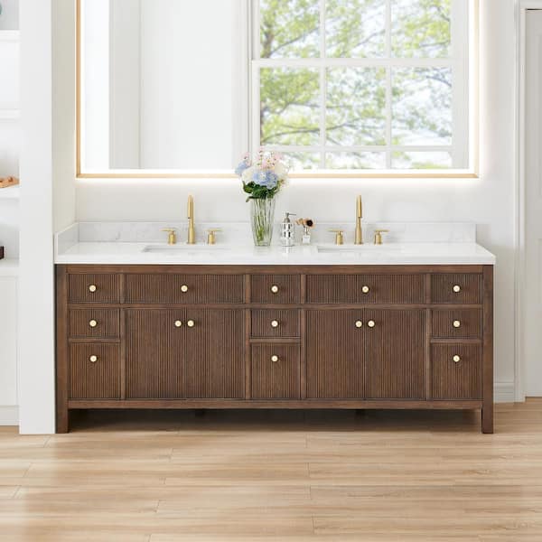 Cerrito 84 in. Double Sink Freestanding Brown Oak Bath Vanity with Grain White Engineered Stone Top Assembled