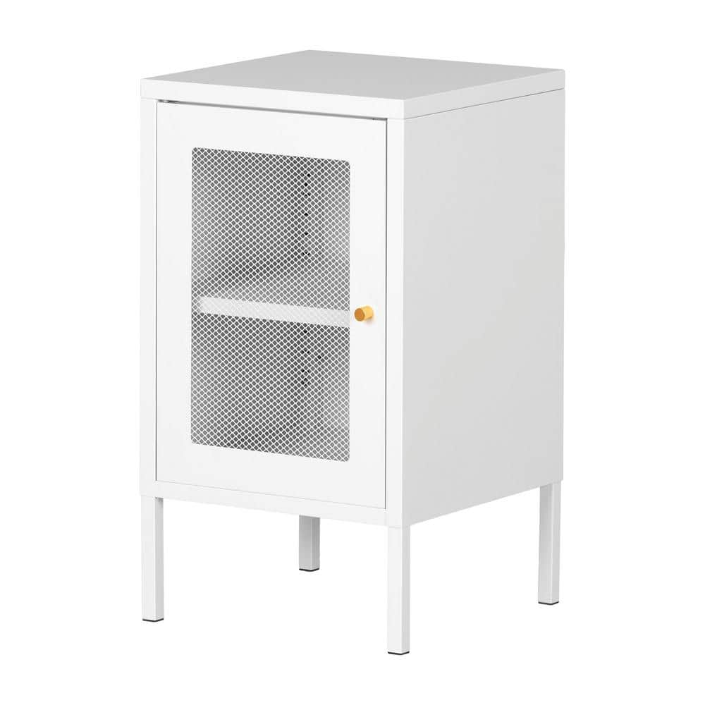 White Metal End Table with Perforated Mesh Door and Storage