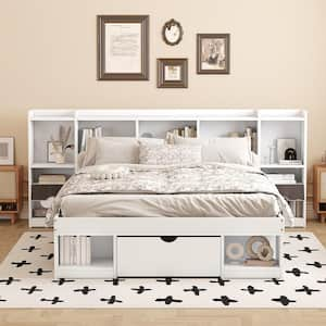 White Wood Frame Queen Size Platform Bed with Multiple Storage Headboard and Drawer