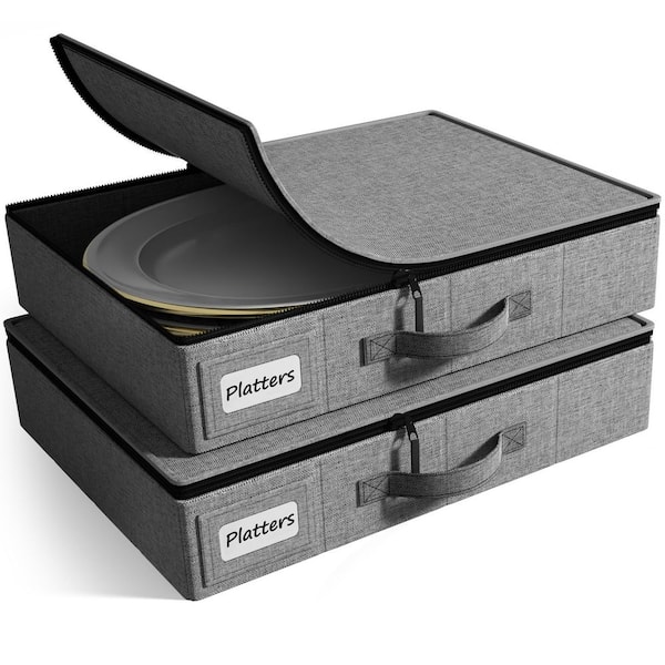 Gray Pantry Organizer, China Storage Dinnerware Organizer for Platter with Lid and Felt Protectors (Holds 4), 2 Pack
