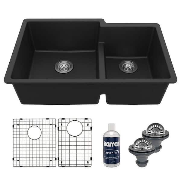 QU-811 Quartz/Granite 32 in. Double Bowl 60/40 Undermount Kitchen Sink in Black with Bottom Grid and Strainer