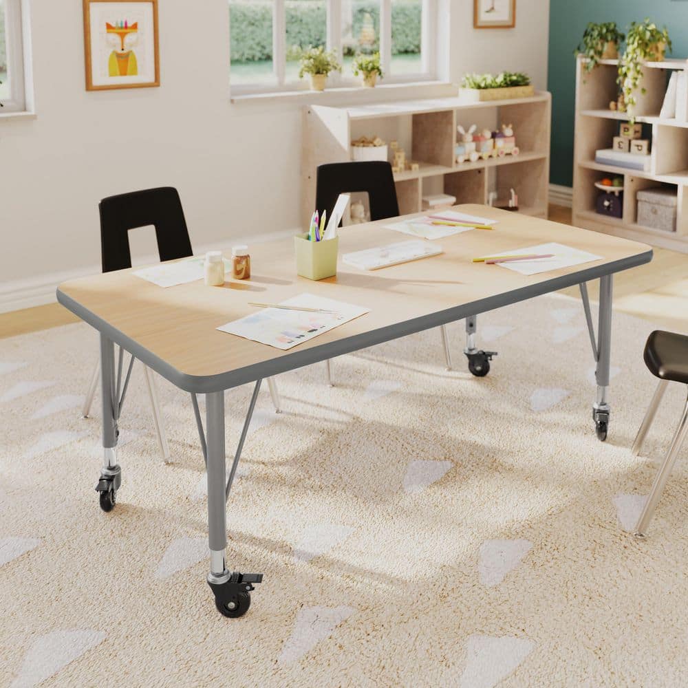 Wren Adjustable Light Natural Top/Silver Frame Rectangle Kids Activity Table with Thermal Laminate Top for 4
