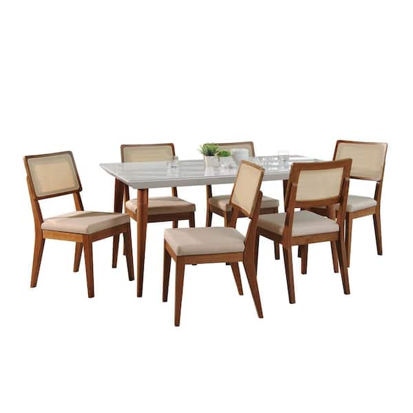 Manhattan Comfort Utopia 70.86 in. and Pell 7-Piece White Gloss and Dark Beige and Maple Cream Dining Set