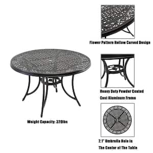 5-Piece Cast Aluminum Outdoor Dining Set Classic Pattern Table and Swivel Chairs with Red Cushions & Umbrella Hole