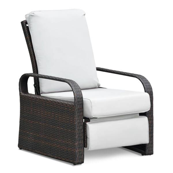 Zeus & Ruta Brown 1-Piece Wicker Outdoor Recliner Chair Ergonomic with White Cushions for Home, Sunbathing and Relaxation