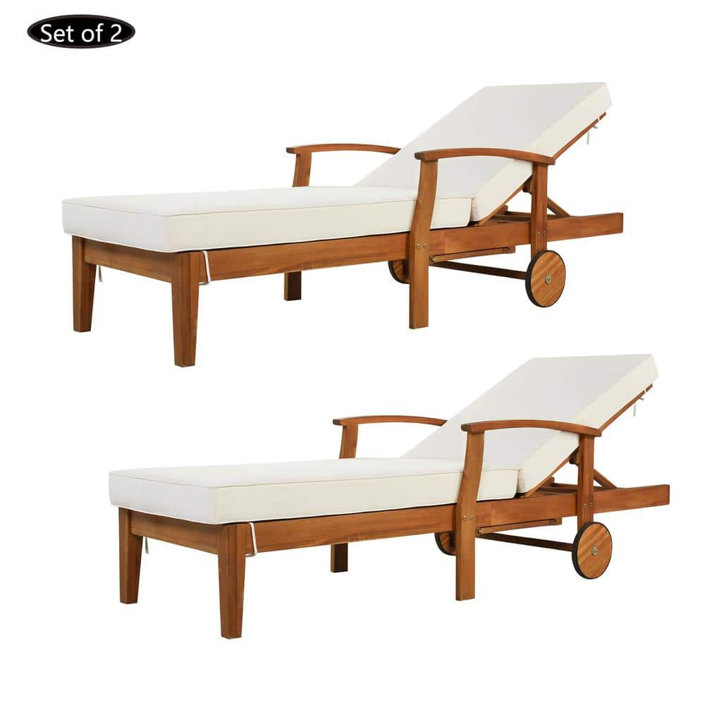 2-Piece 78.8 Brown Solid Wood Outdoor Chaise Lounge Reclining Daybed wit