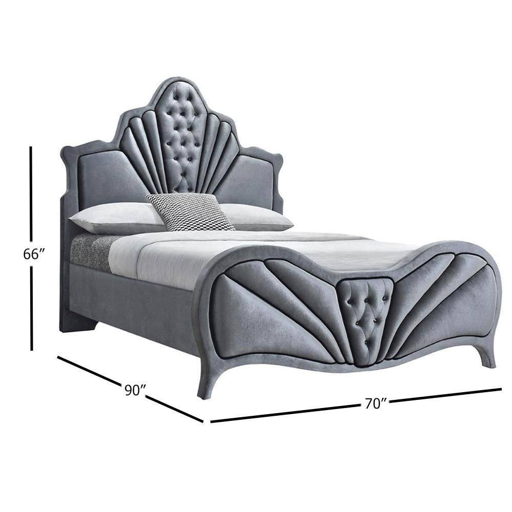 Gray Velvet Queen Platform Bed with Tufted Headboard and Storage Drawer