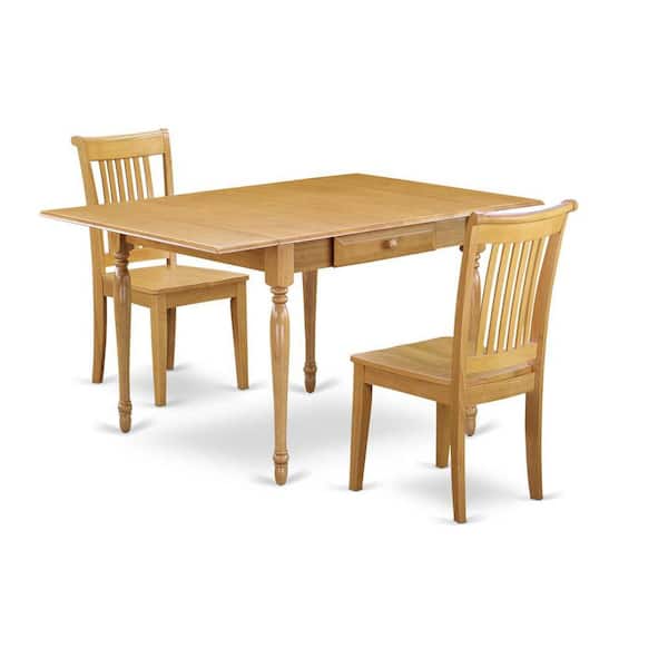 East West Furniture 3-Piece Natural Brown Oak Finish Solid Wood Top With Dropleaf Dining Table Set
