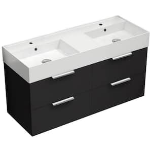 Derin 47.64 in. W x 18.11 in. D x 25.2 H Double Sinks Wall Mounted Bathroom Vanity in Matte Black with White Ceramic Top