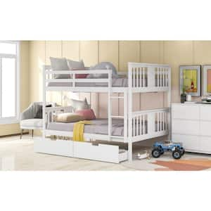 White Full Over Full Bunk Bed with Drawers and Ladder for Bedroom, Guest Room Furniture