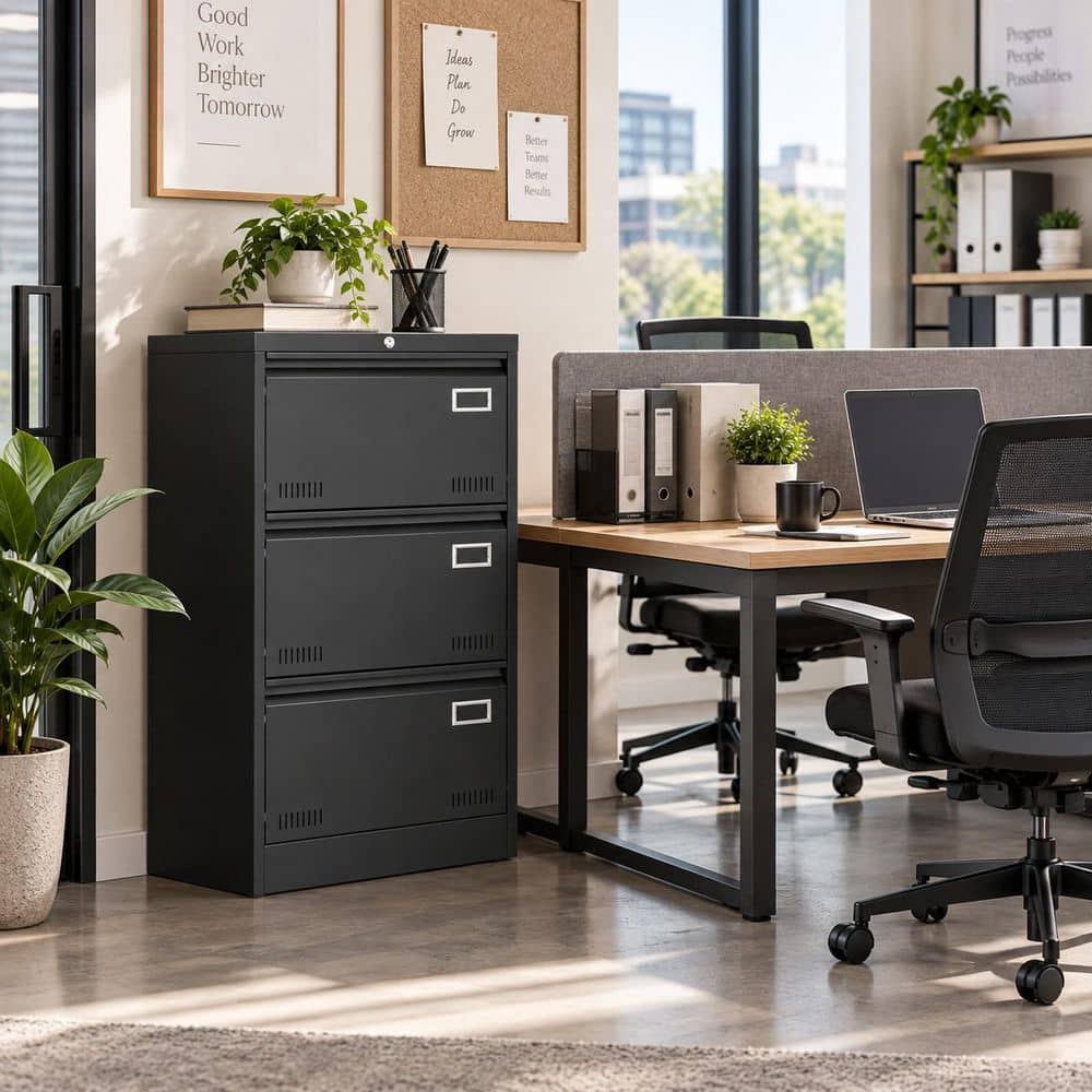 Black 40 in. H Accent Cabinet Office Storage Cabinet with 3 Drawers and Locking Lateral File Cabinet