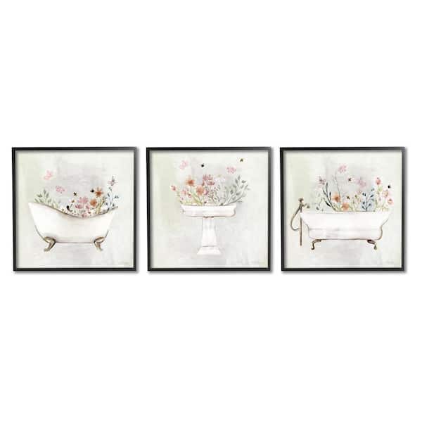 Soft Floral Bathroom Scenes by Stella Chang 3-Piece Black Framed Giclee Art Print Typography 12 in. x 12 in.
