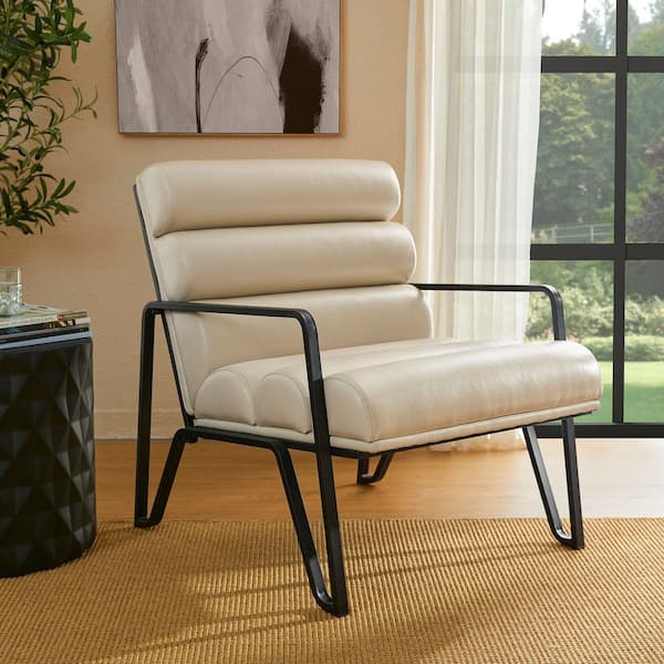 Glitzhome Modern Beige Wavy Leatherette Accent Armchair with Black Metal Frame