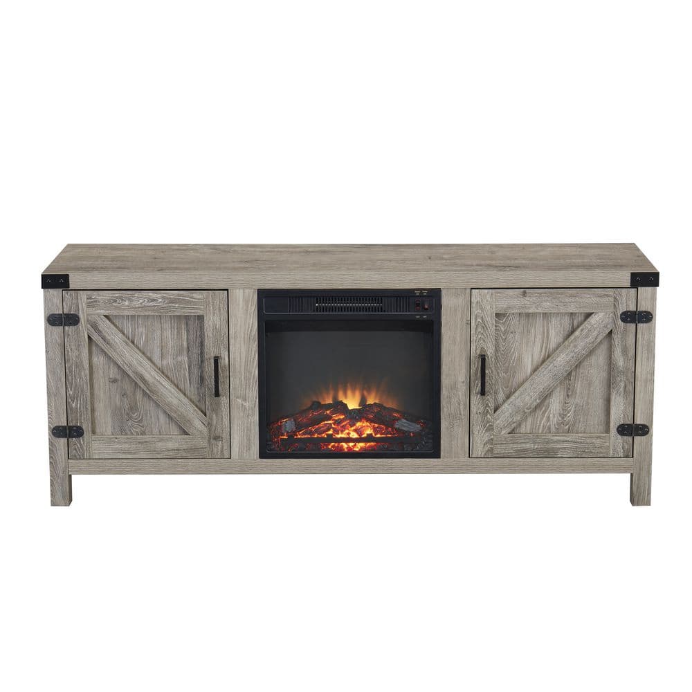 60 in. Farmhouse Grey Wash Electric Fireplace TV Stand with Adjustable Shelves. Fits TV's up to