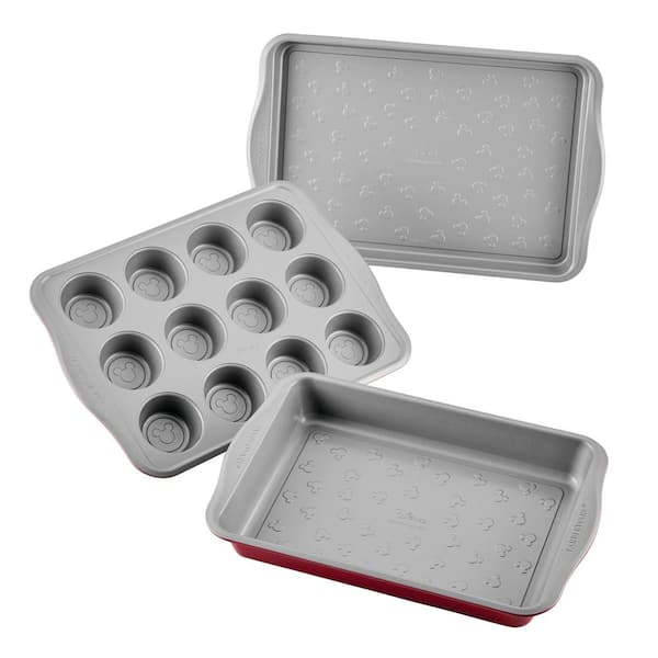 Farberware Disney Bake with Mickey Mouse Cake, 3 Piece Nonstick Muffin, and Baking Sheet Pan Set, Red