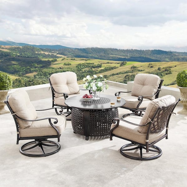 Oakland Living Finland Luxurious Antique Copper 5-Piece Aluminum Patio Fire Pit Deep Seating Set with Tan Beige Cushions