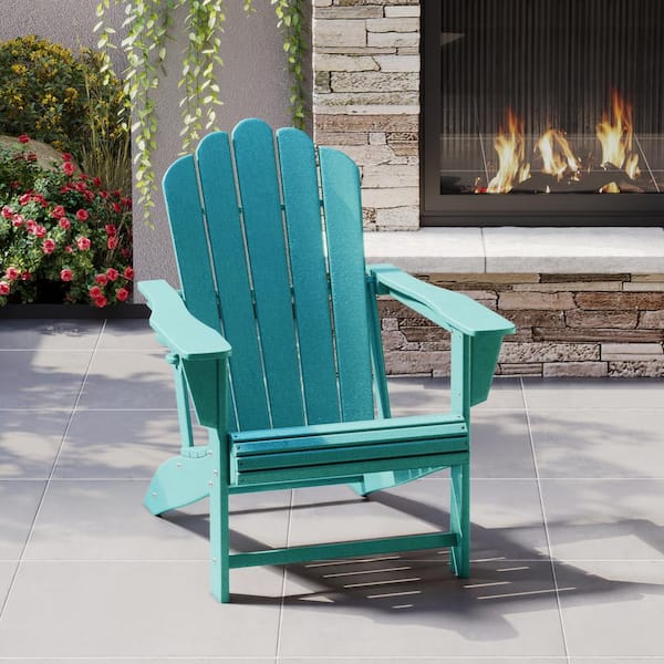 Aderson Outdoor Patio Weather Resistant Classic Poly Plastic Adirondack Chair with Cupholder in Turquoise