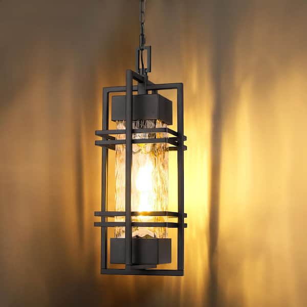 14 in. Black Modern Large Outdoor Pendant Light, Rustproof Hanging Lantern with Seeded Glass,Waterproof Exterior Fixture