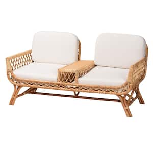 Pakis 63.4 in. Flared Arm Natural Rattan and Fabric Cushion Tete-a-Tete Rectangle Sofa in. Light Honey
