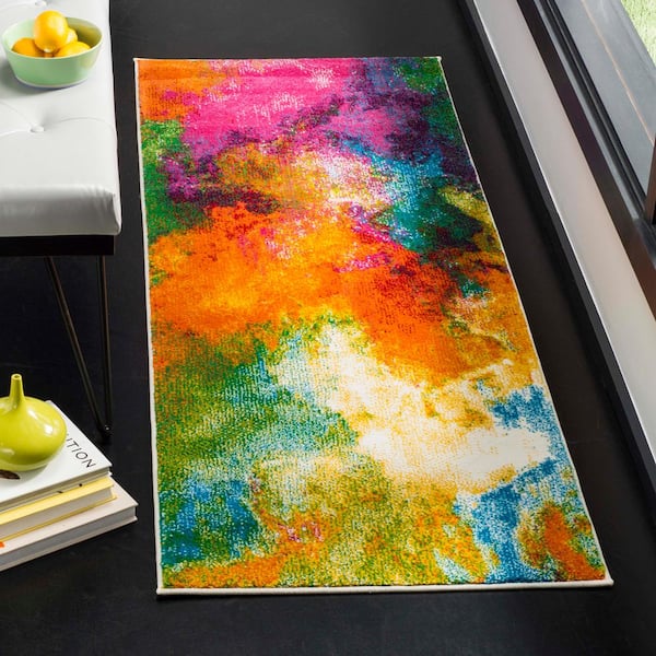 Watercolor Orange/Green 2 ft. x 6 ft. Abstract Runner Rug