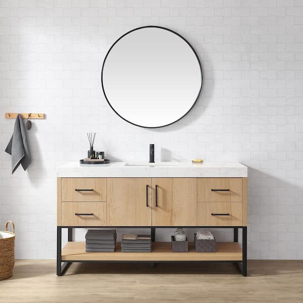 Kolkata 60 in.W x 22 in.D x 34 in.D Single Bath Vanity in Weathered Oak with White Engineered Stone Top