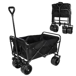 Black Folding Beach Wagon Cart, Wagons Serving Cart, Heavy Duty Foldable with Big Wheels for Sand, Garden, Camping