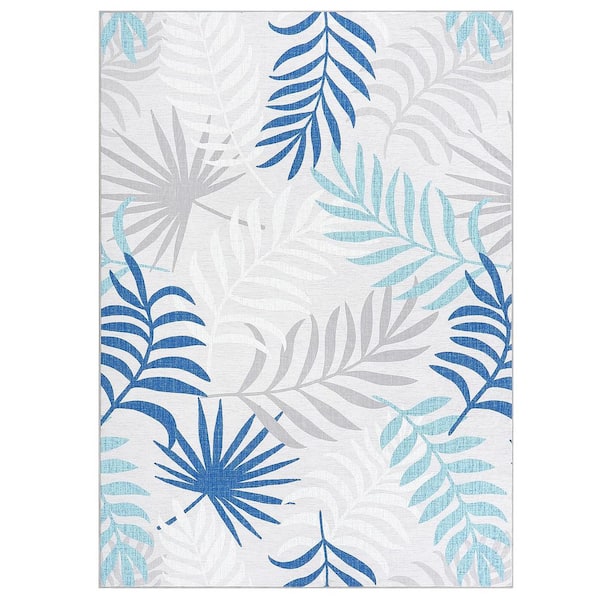 Modern Botanical Printed Rug with Non-slip Backing Short Pile Foldable Rug Washable Living Room Rug Blue 5X7ft