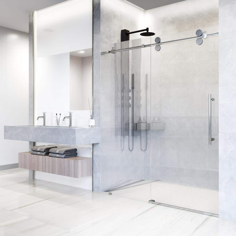 Elan 72" Frameless Sliding Shower Door with Fluted Glass and Black Hardware