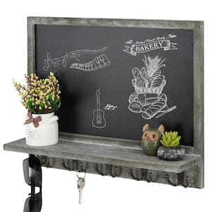 Wood Wall Mounted Entryway Olive Green Chalkboard Sign with Display Shelf and 5-Dual Metal Key Hooks