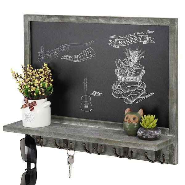 Oumilen Wood Wall Mounted Entryway Olive Green Chalkboard Sign with Display Shelf and 5-Dual Metal Key Hooks