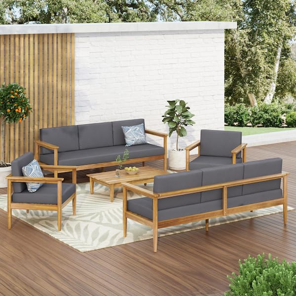 Noble House Magnolia Teak Brown 5-Piece Wood Outdoor Patio Conversation Seating Set with Dark Grey Cushions
