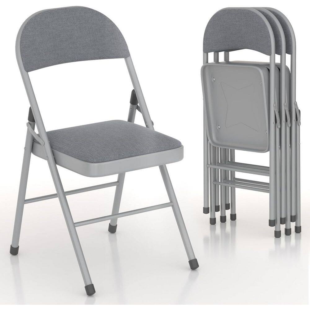A gray folding chair shown open and a stack of folded gray chairs.