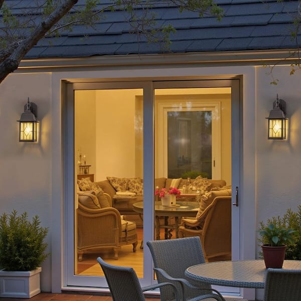 14 in. Oil-rubbed Bronze Aluminum Outdoor Hardwired Wall Lantern Sconce with Clear Tempered Seeded Glass (2-Pack)