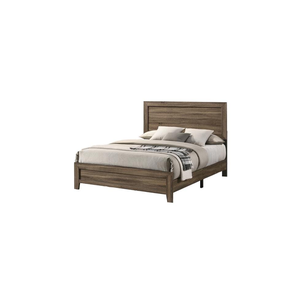 Queen Dark Walnut Upholstered Wood Panel Bed