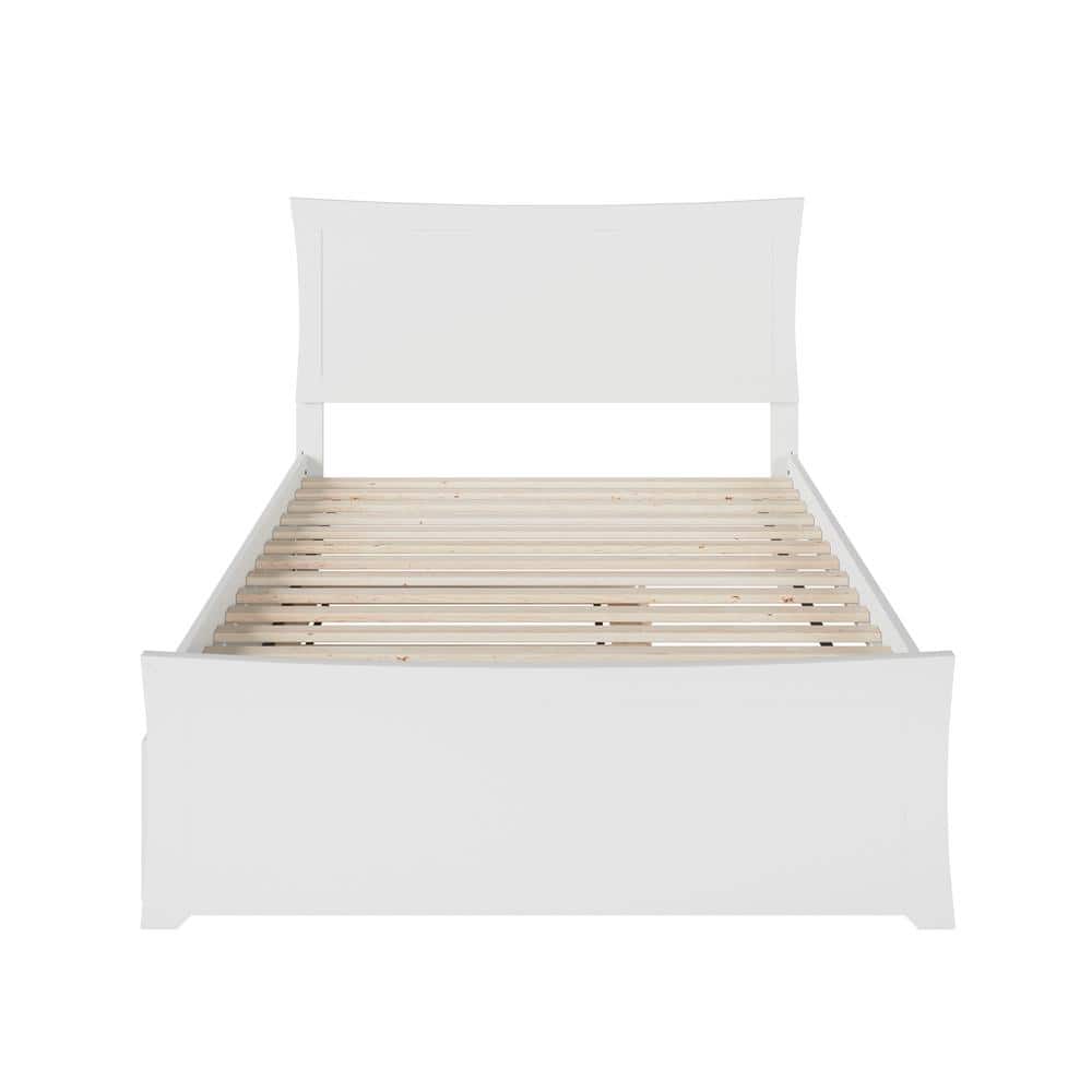 White Full Platform Bed with Wood Headboard and Twin Trundle