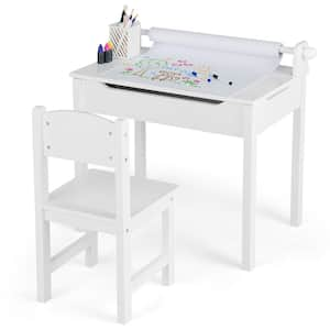 2-Piece Wood Top Toddler Craft Table and Chair Set Kids Art Crafts Table withPaper Roll Holder White