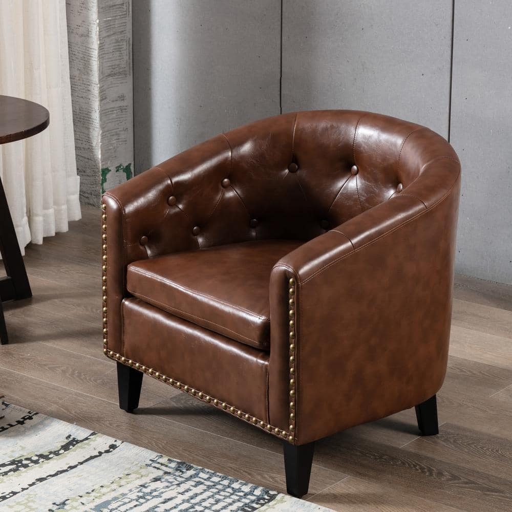 Dark Brown PU Leather Tufted Barrel Arm Chair with Nailheads -  Qualler