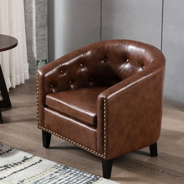 Qualler Dark Brown PU Leather Tufted Barrel Arm Chair with Nailheads