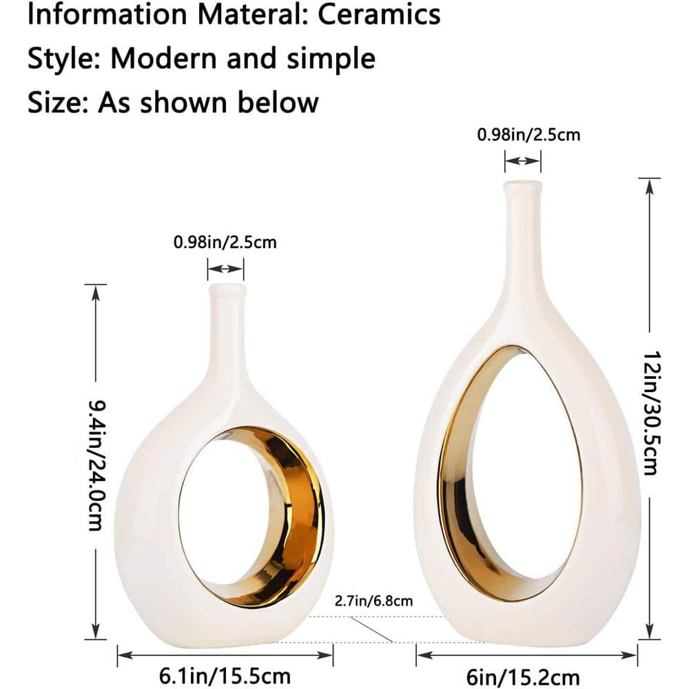White and Gold Ceramic Cylinder Decorative Vase Set