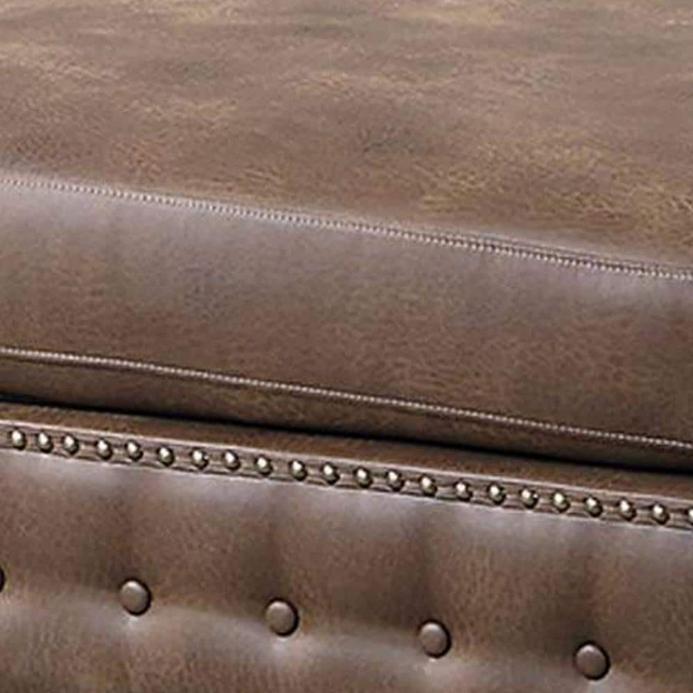 Simi 34 Inch Brown Faux Leather Tufted Ottoman with Nailhead Trim